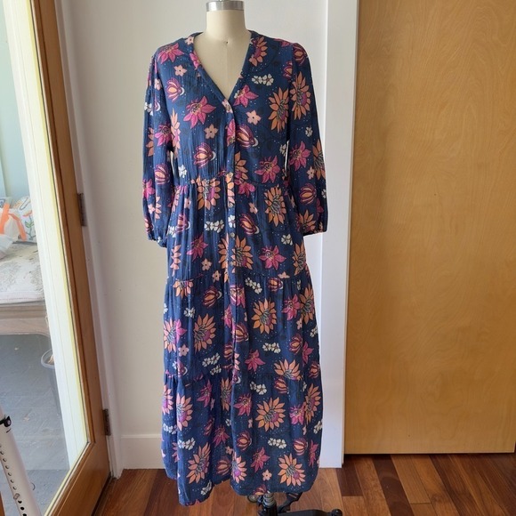 Marine Layer Dresses & Skirts - Marine Layer  Willow Long Sleeve V-neck Midi Dress-Cotton-Pockets-Batik Floral-M